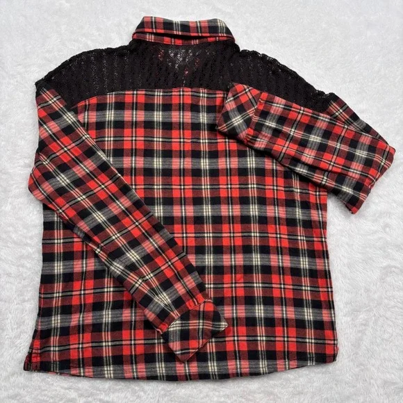 Miss Me Flannel Western Button Women S Plaid Studded Crochet Lace Cowgirl Rodeo - Picture 8 of 14